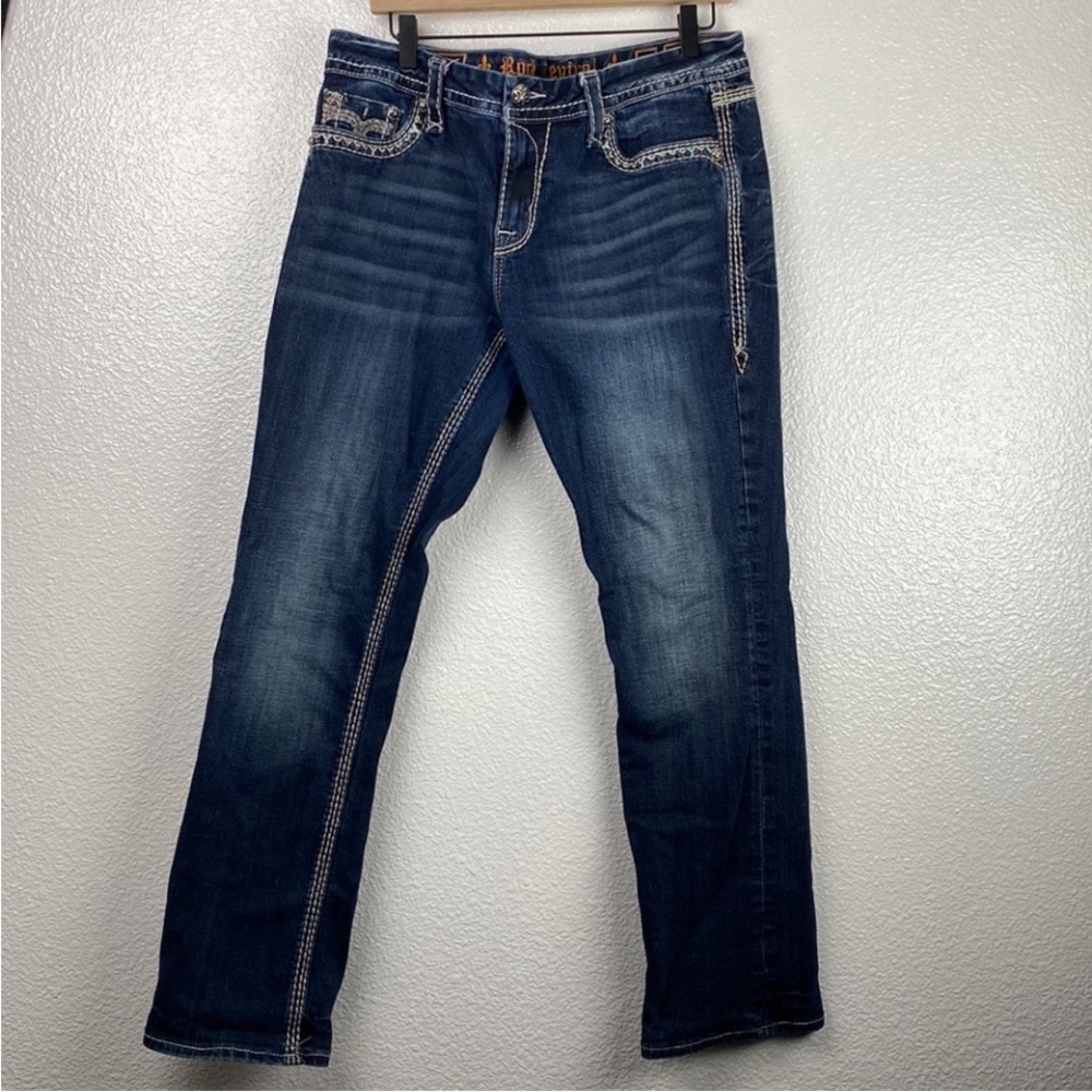 Rock Revival Easy Straight Sun Jeans Denim Stretch Dark Wash Embroidered Chic